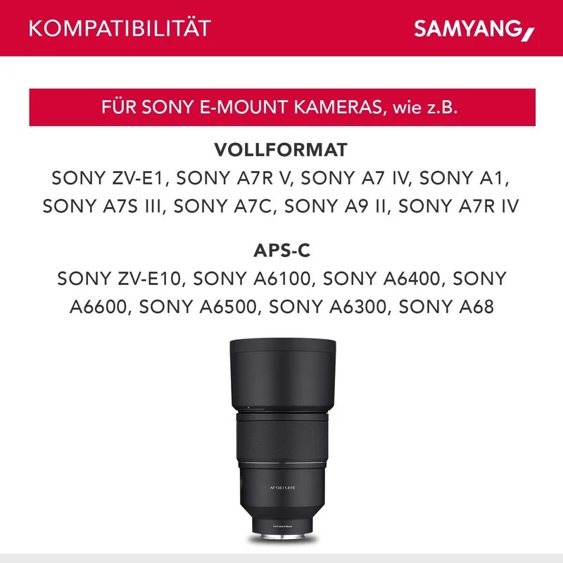Samyang AF 135mm F1.8 FE für Sony E – Autofokus Vollformat & APS-C Teleobjektiv, lichtstarke Festbre