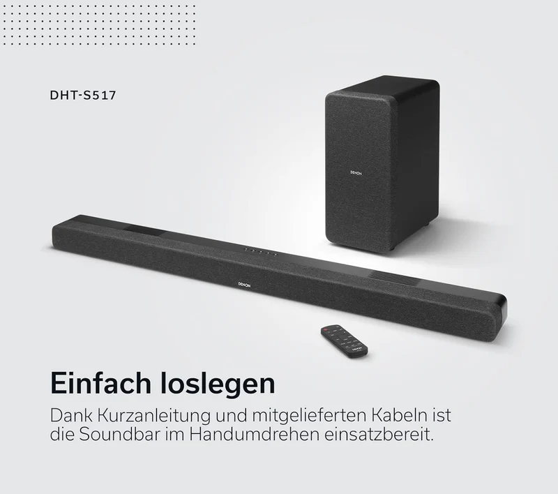 Denon DHT-S517 3.1.2 Dolby Atmos Soundbar System Mit Kabellosem Subwoofer, HDMI EARC Und Bluetooth,