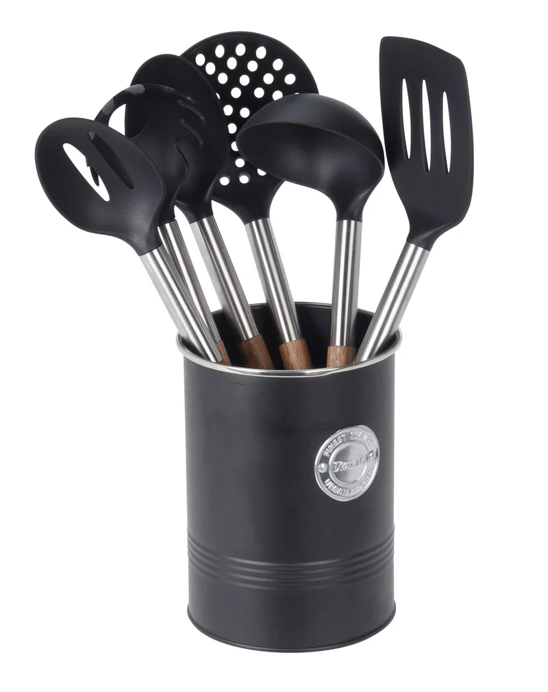 MIJOMA 7-TLG Kochlöffel-Set mit Halter, Griffe aus Akazienholz, Länge 30cm, Küchenutensilien, Back-L