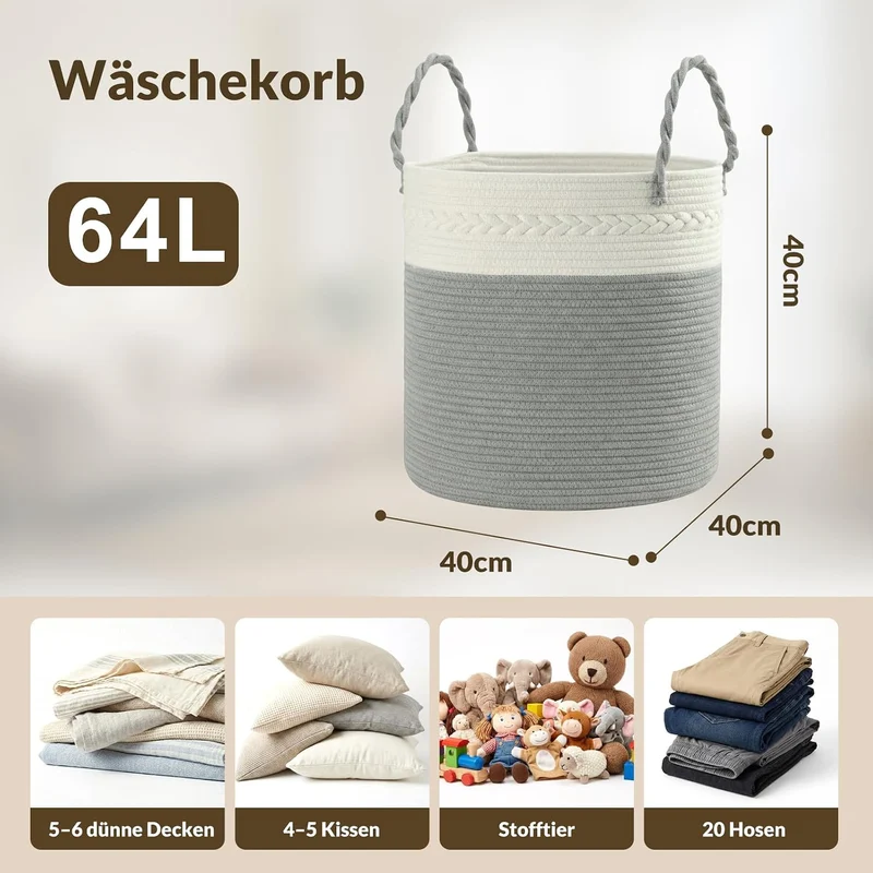COSYLAND Aufbewahrungskorb Gross für Wohnzimmer, geflochtener Wäschekorb aus Baumwollseil, Wollkorb/