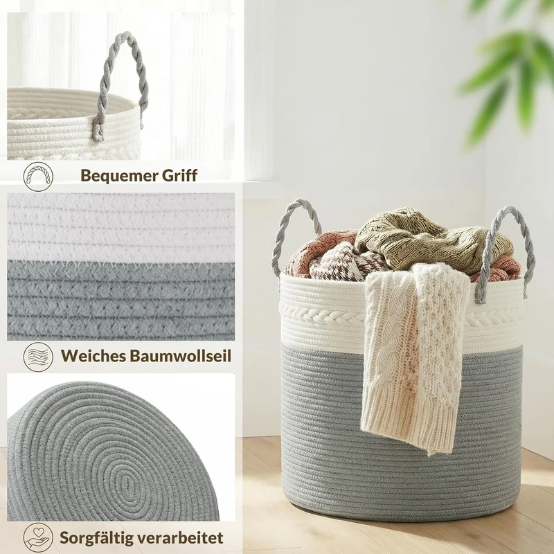 COSYLAND Aufbewahrungskorb Gross für Wohnzimmer, geflochtener Wäschekorb aus Baumwollseil, Wollkorb/