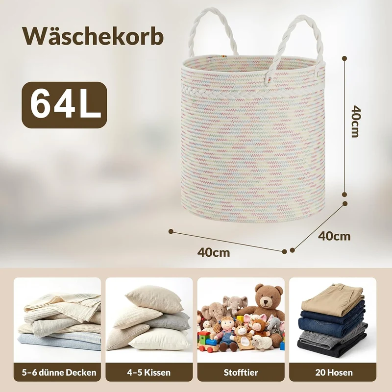 COSYLAND Aufbewahrungskorb Gross für Wohnzimmer, geflochtener Wäschekorb aus Baumwollseil, Wollkorb/