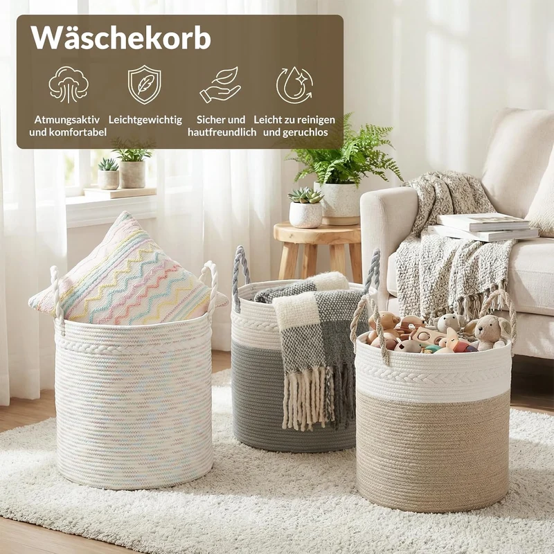 COSYLAND Aufbewahrungskorb Gross für Wohnzimmer, geflochtener Wäschekorb aus Baumwollseil, Wollkorb/
