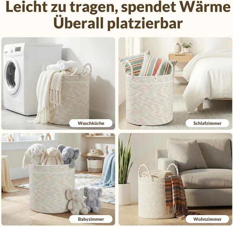COSYLAND Aufbewahrungskorb Gross für Wohnzimmer, geflochtener Wäschekorb aus Baumwollseil, Wollkorb/