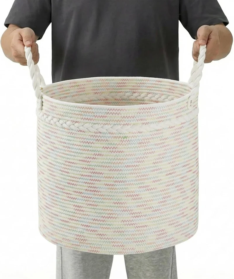 COSYLAND Aufbewahrungskorb Gross für Wohnzimmer, geflochtener Wäschekorb aus Baumwollseil, Wollkorb/