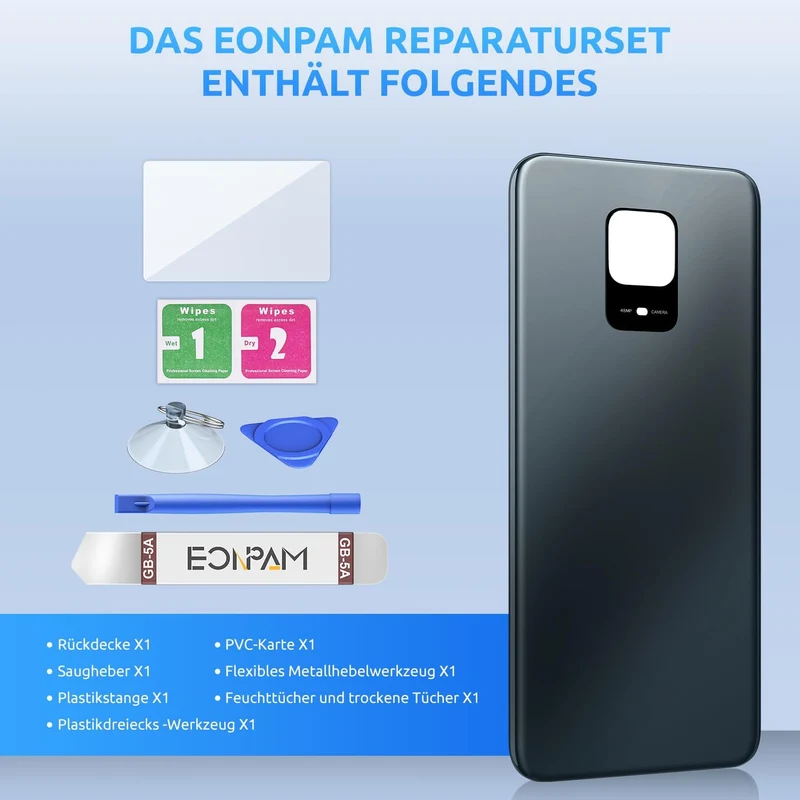 Eonpam Akkudeckel für Xiaomi Redmi Note 9 Pro Rückseite Glas Original Backcover Back Glas Ersatz mit