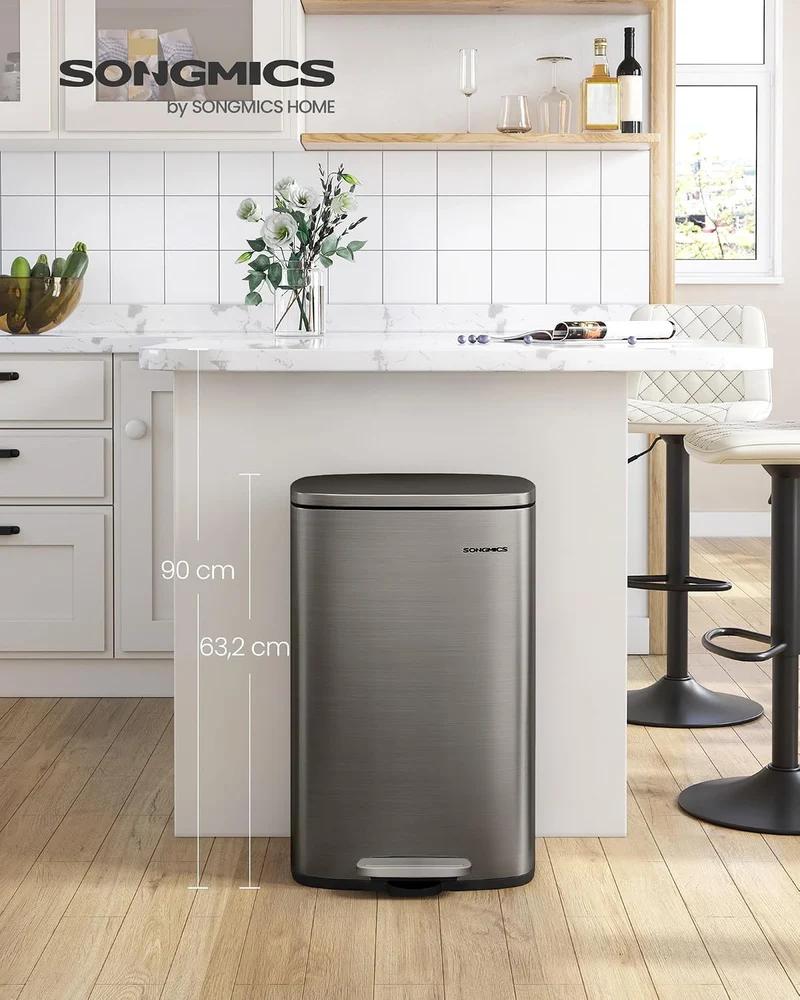 SONGMICS Mülleimer Küche Abfalleimer Treteimer Stahl 50 Liter Silbergrau 50 L, Silbergrau 50 L