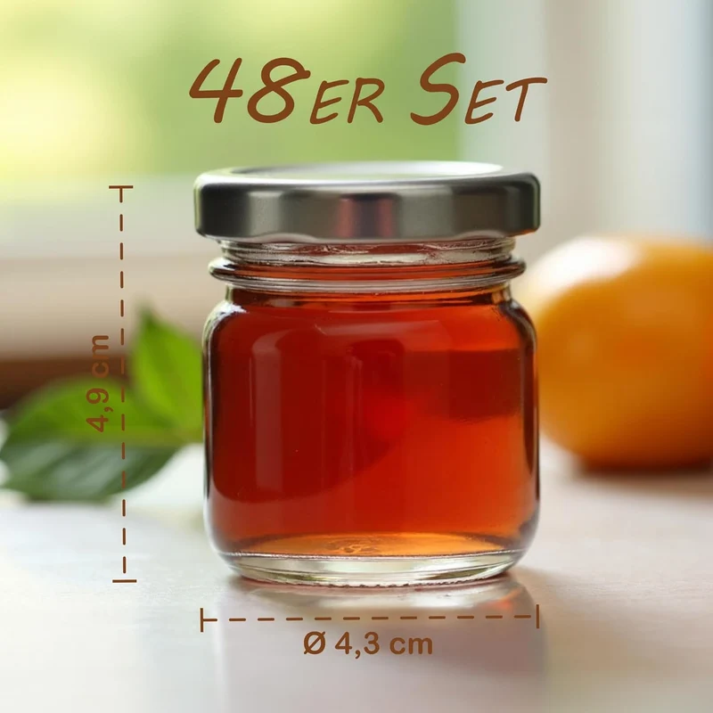 gouveo 48er Set Einmachgläser 40 ml Mini mit Schraub-Deckel silberfarben - Mini Vorratsgläser mit Dr