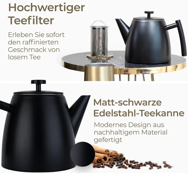 Vaja Trends | Doppelwandige Teekanne | Isoliert und Tropffrei | Edelstahl Schwarz Matt 1L | Inklusiv