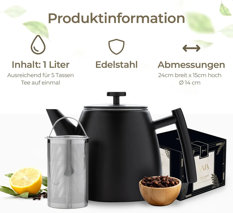 Vaja Trends | Doppelwandige Teekanne | Isoliert und Tropffrei | Edelstahl Schwarz Matt 1L | Inklusiv
