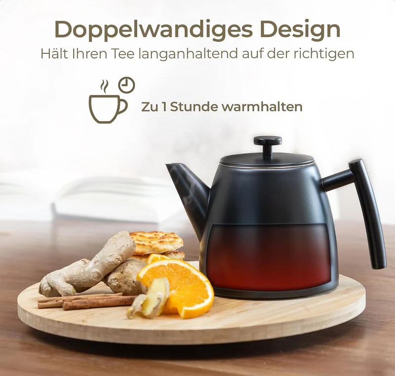 Vaja Trends | Doppelwandige Teekanne | Isoliert und Tropffrei | Edelstahl Schwarz Matt 1L | Inklusiv