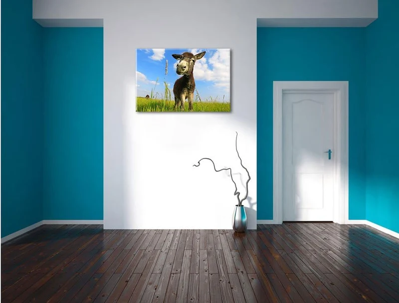 Pixxprint Esel in einem Feld in sonnigen Tag, Format: 100x70 auf Leinwand, 100x70