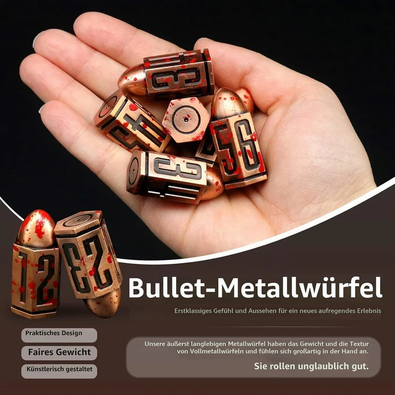 DND Würfel Set for Dungeons and Dragons, Bullet W6 Würfel(Bullet-Copper) 6bullet-red Copper, 6bullet