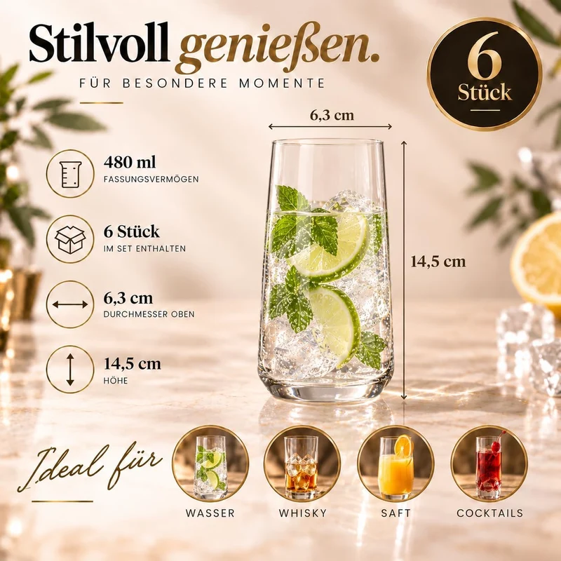 KIAPPO Set mit 12 Gläsern Avant-Grande mit Fassungsvermögen 540 ml hohe Gläser für Wasser und kalte