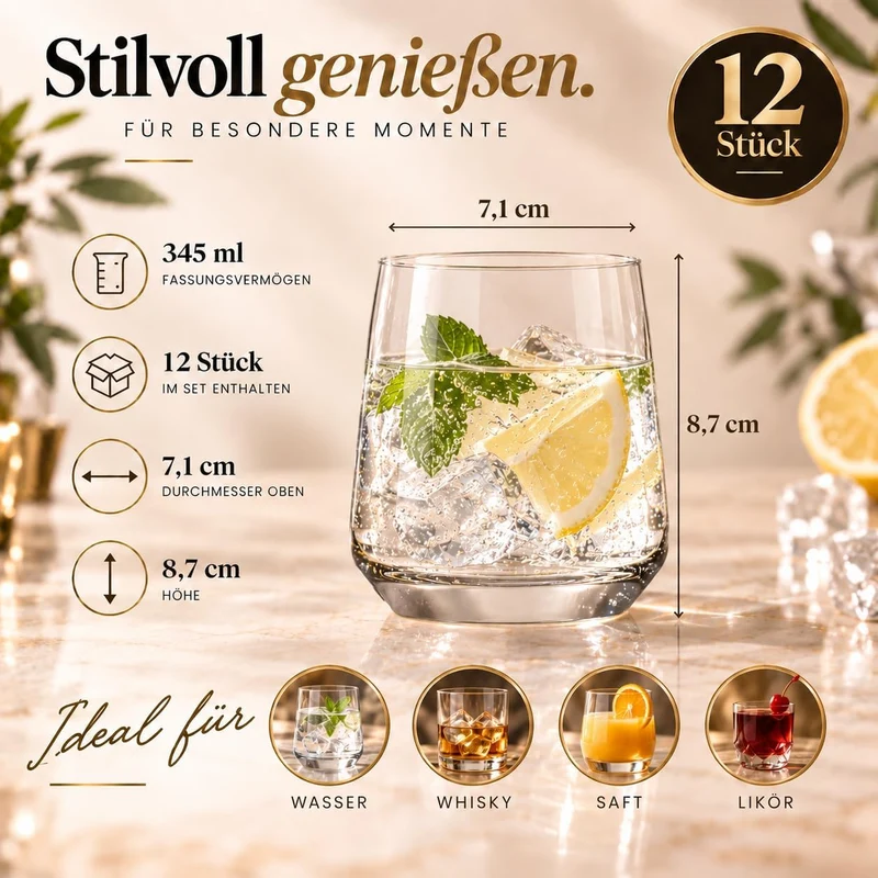 KIAPPO Set mit 12 Gläsern mit Fassungsvermögen 400 ml für Wasser und kalte Getränke modernes und min