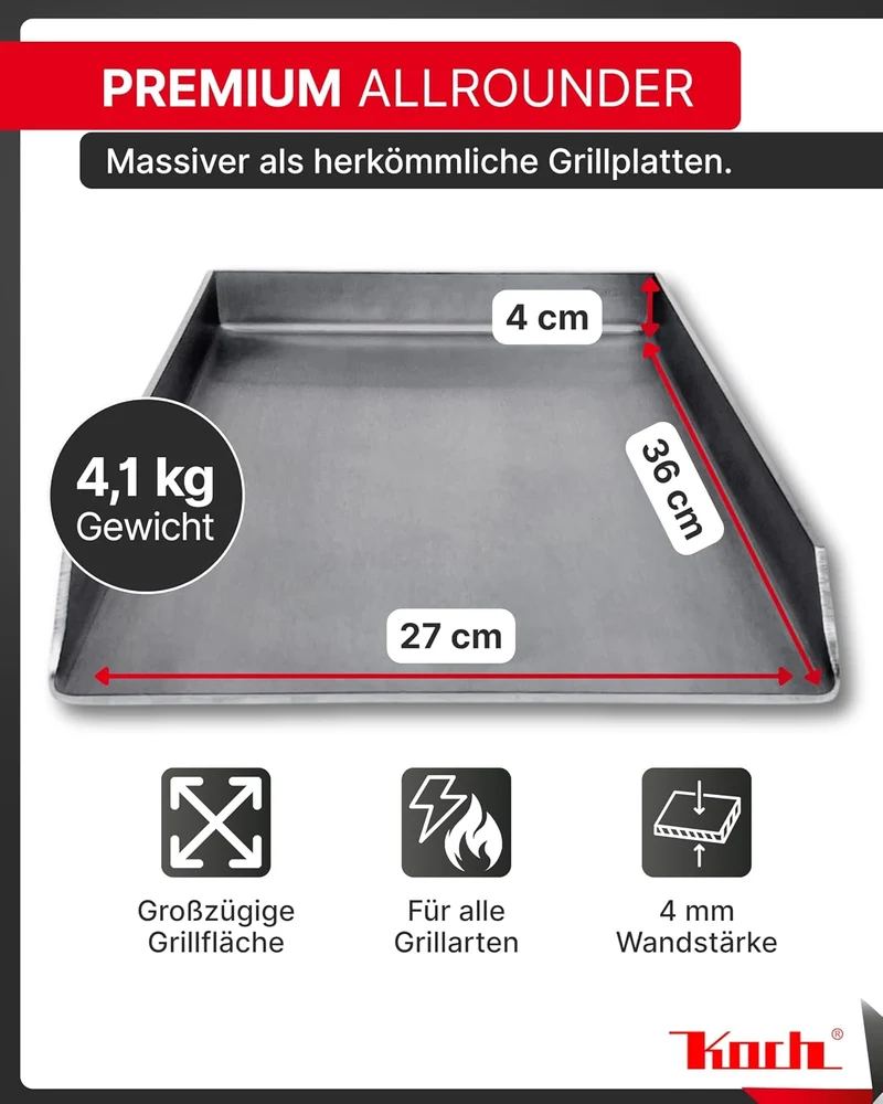 KOCH #37 PLANCHA 36 x 27 x 4cm Höhe 40mm - Grillpfanne Grillplatte Burger- Steakplatte made in Germa