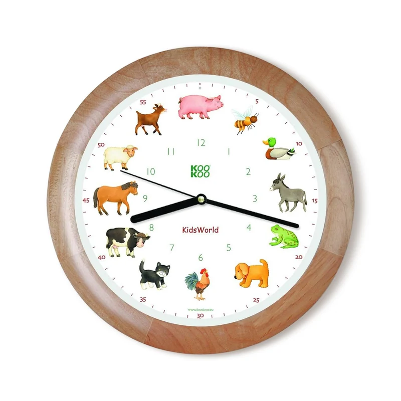 KOOKOO KidsWorld Holz, Bauernhofuhr mit 12 echten Tierstimmen vom Land