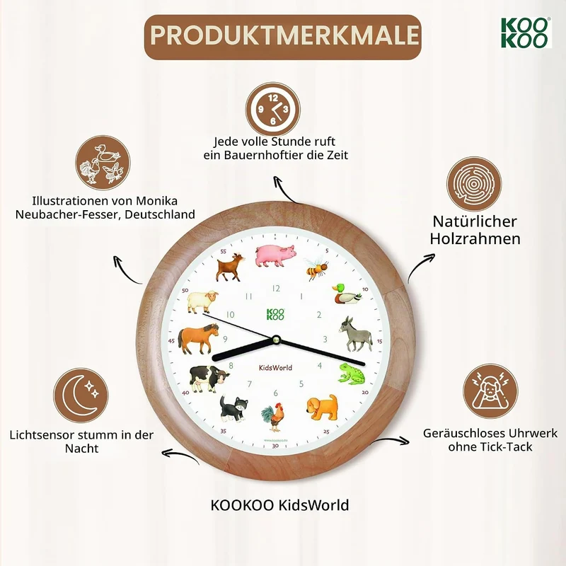 KOOKOO KidsWorld Holz, Bauernhofuhr mit 12 echten Tierstimmen vom Land