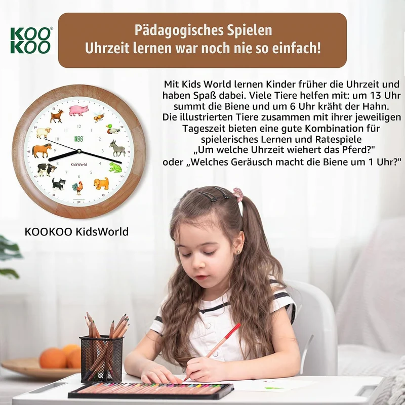 KOOKOO KidsWorld Holz, Bauernhofuhr mit 12 echten Tierstimmen vom Land