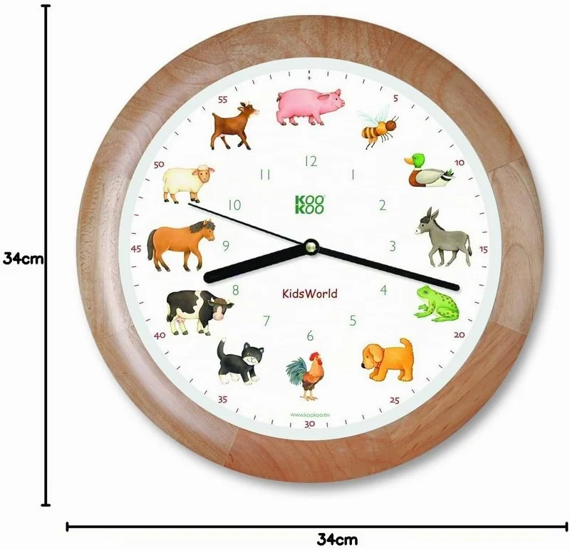 KOOKOO KidsWorld Holz, Bauernhofuhr mit 12 echten Tierstimmen vom Land