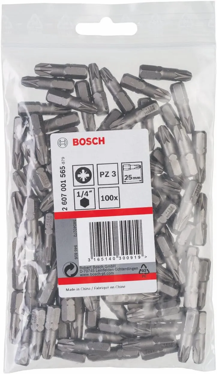 Bosch Professional Bit Extra-Hart für Pozidriv-Kreuzschlitzschrauben (PZ3, Länge: 25 mm, 100 Stück)