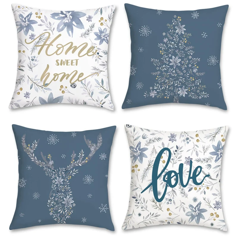 Bonhause 4er Set Kissenbezüge Winter 45 x 45 cm Samt Soft Blumen Blätter Graue Dekorative Kissenhüll