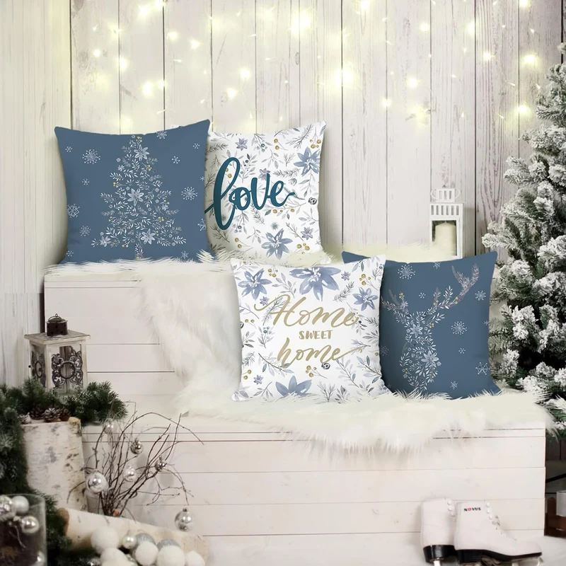 Bonhause 4er Set Kissenbezüge Winter 45 x 45 cm Samt Soft Blumen Blätter Graue Dekorative Kissenhüll