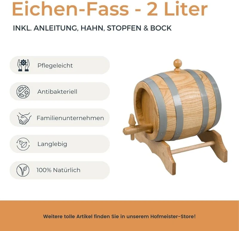 HOFMEISTER® 2 Liter Eichen-Fass, für Wein, Whisky & Schnaps, traditionelle EU Handarbeit, inkl. Anle