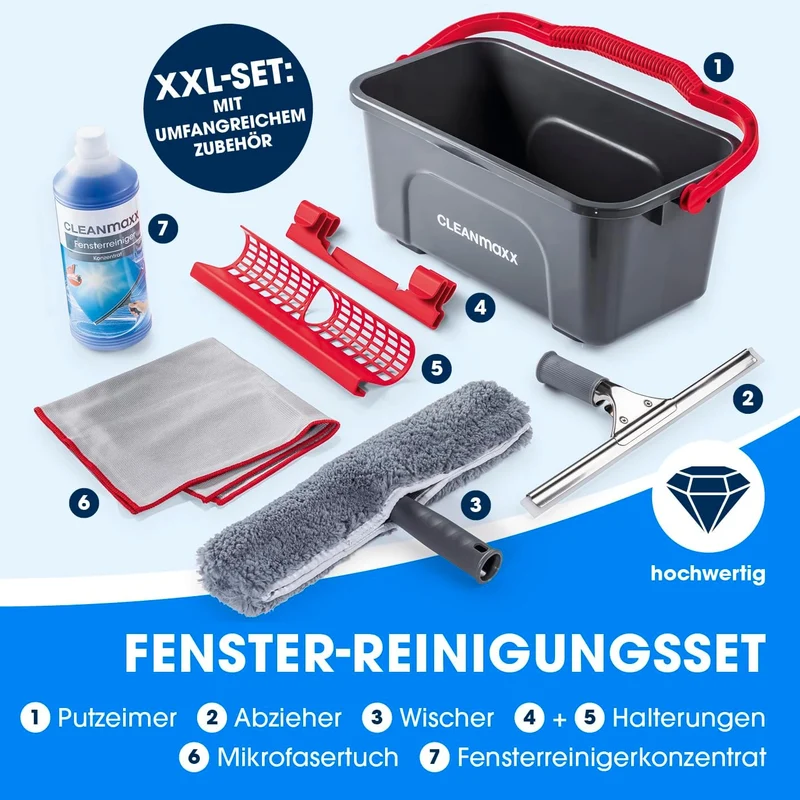 CLEANmaxx Fensterreiniger Set Professional, 13-tlg. | Profi Fensterputzer Set mit Glasschaber - für