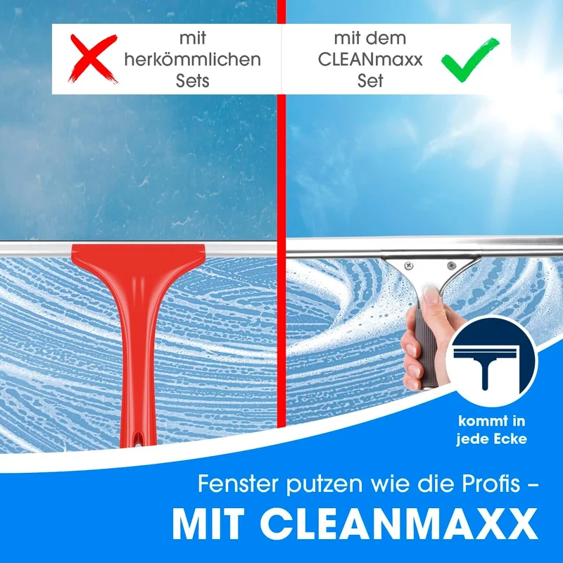CLEANmaxx Fensterreiniger Set Professional, 13-tlg. | Profi Fensterputzer Set mit Glasschaber - für