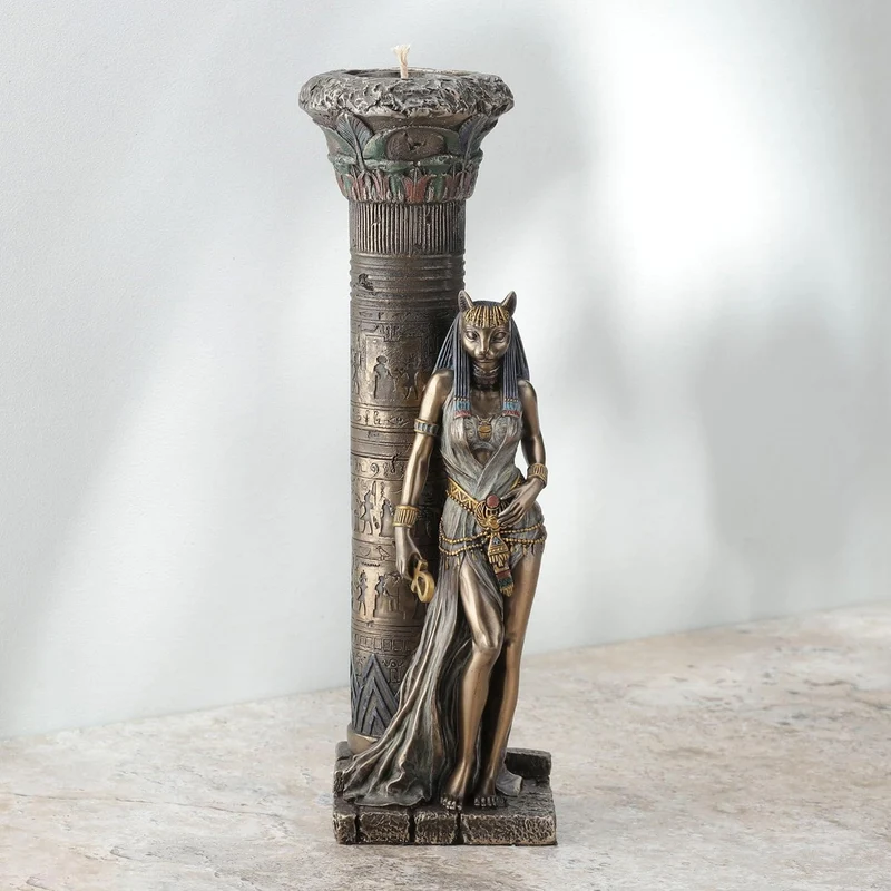 Zeckos gyptische göttin bastet auf s?ule lehnend statue Bronze 10 3/4 Inches Tall