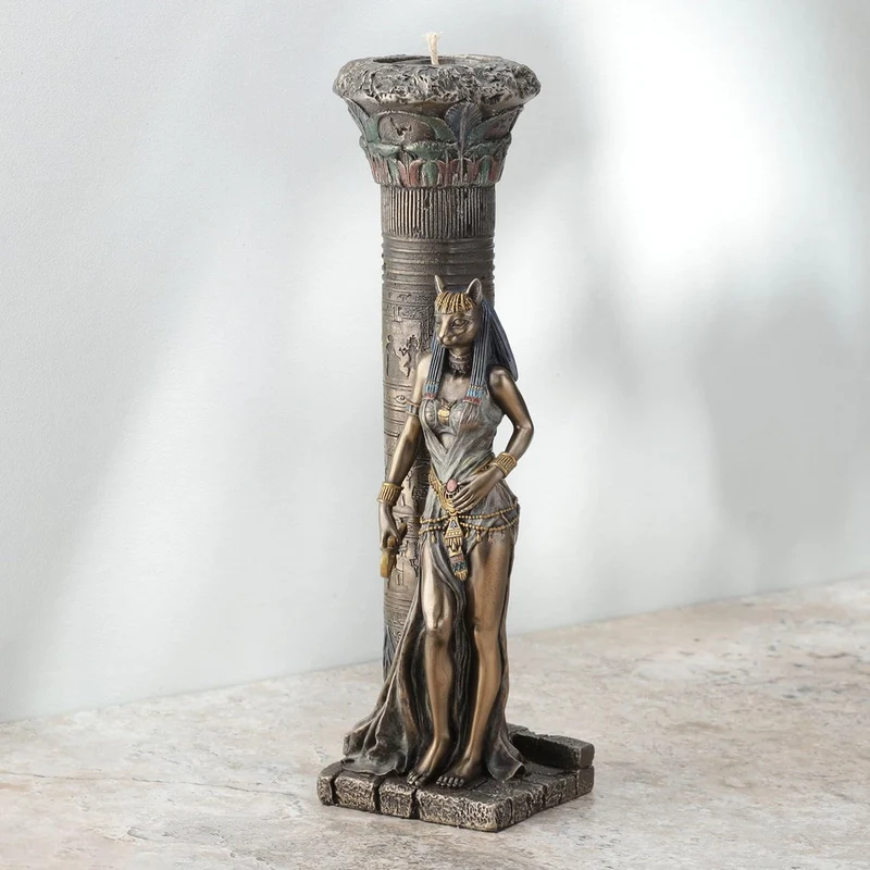 Zeckos gyptische göttin bastet auf s?ule lehnend statue Bronze 10 3/4 Inches Tall
