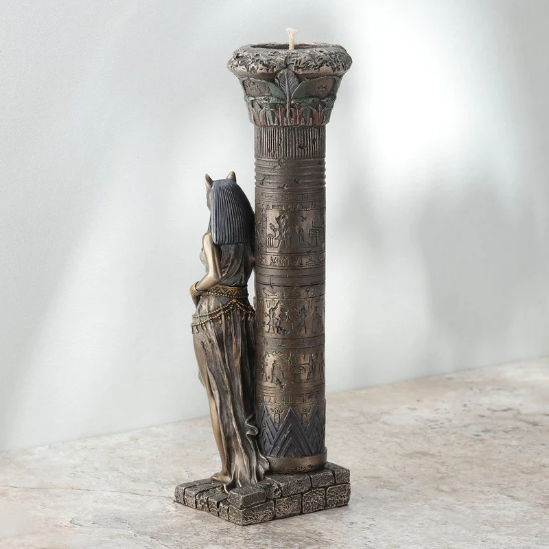 Zeckos gyptische göttin bastet auf s?ule lehnend statue Bronze 10 3/4 Inches Tall