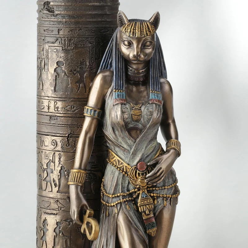 Zeckos gyptische göttin bastet auf s?ule lehnend statue Bronze 10 3/4 Inches Tall