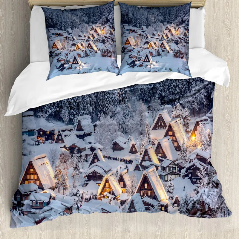 ABAKUHAUS Winter Bettbezugs Set Für Doppelbetten, Shirakawa Dorf, Milbensicher Allergiker geeignet m