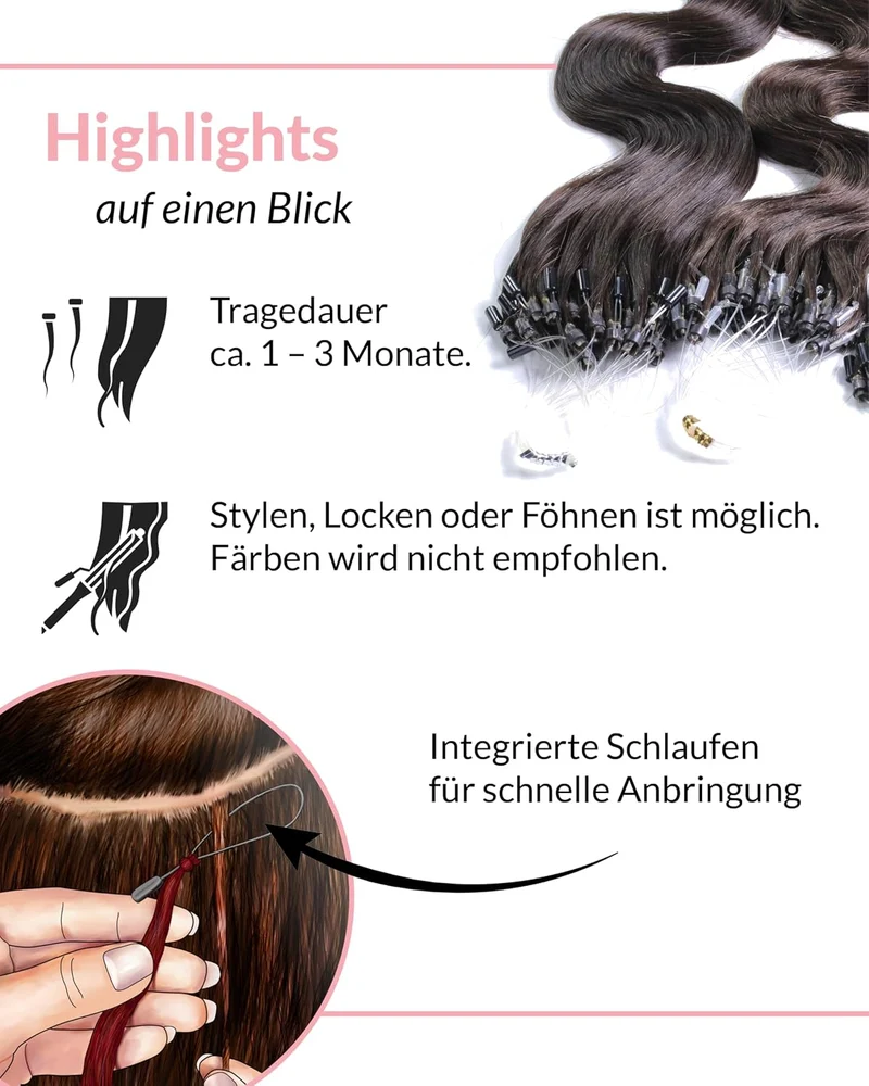 hair2heart Microring Extensions Echthaar Gewellt - 200 Strähnen 0.5g 50cm 4/0 mittelbraun 50cm 200 S