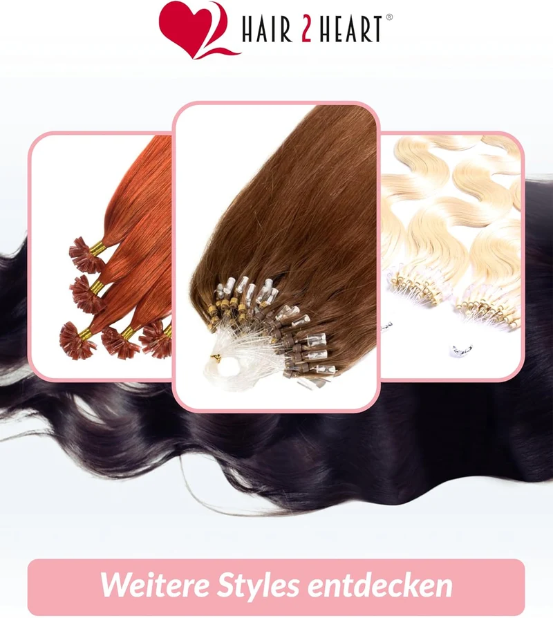 hair2heart Microring Extensions Echthaar Gewellt - 200 Strähnen 0.5g 50cm 4/0 mittelbraun 50cm 200 S