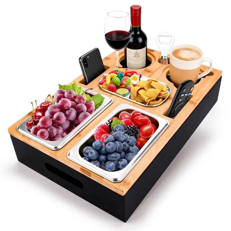 Couchbar Snackbox-Sofatablett Mit 2 Edelstahlschalen & Gewürzschale,Sofa Tablett,Abnehmbarer Magnet-