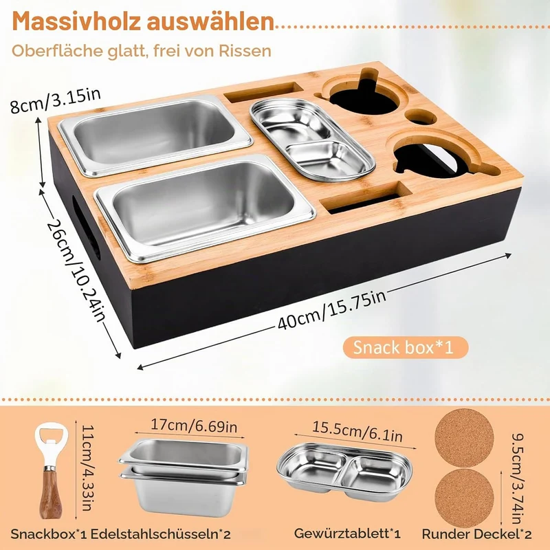 Couchbar Snackbox-Sofatablett Mit 2 Edelstahlschalen & Gewürzschale,Sofa Tablett,Abnehmbarer Magnet-