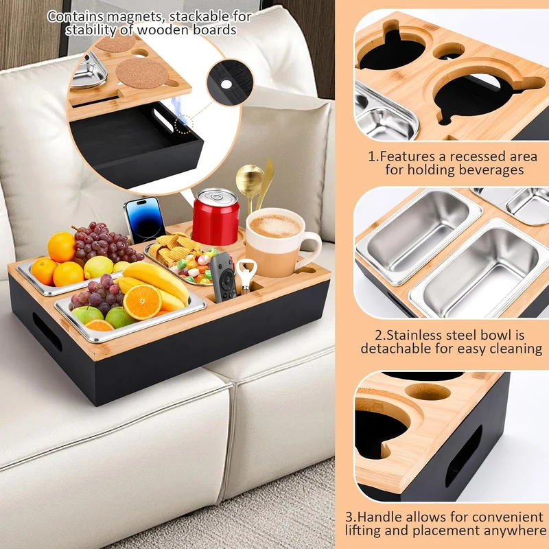 Couchbar Snackbox-Sofatablett Mit 2 Edelstahlschalen & Gewürzschale,Sofa Tablett,Abnehmbarer Magnet-