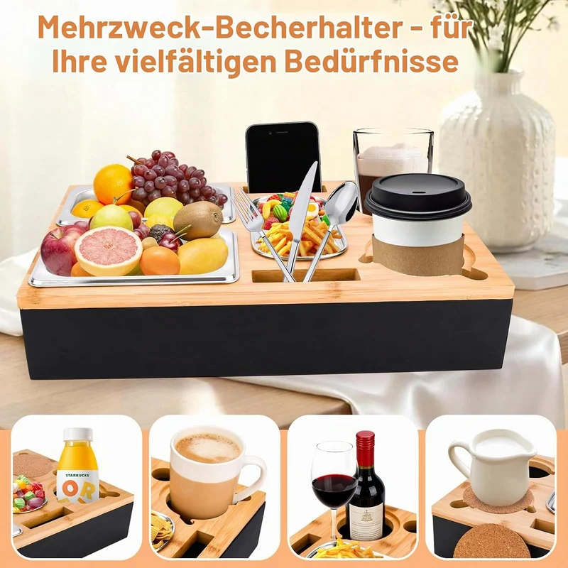 Couchbar Snackbox-Sofatablett Mit 2 Edelstahlschalen & Gewürzschale,Sofa Tablett,Abnehmbarer Magnet-