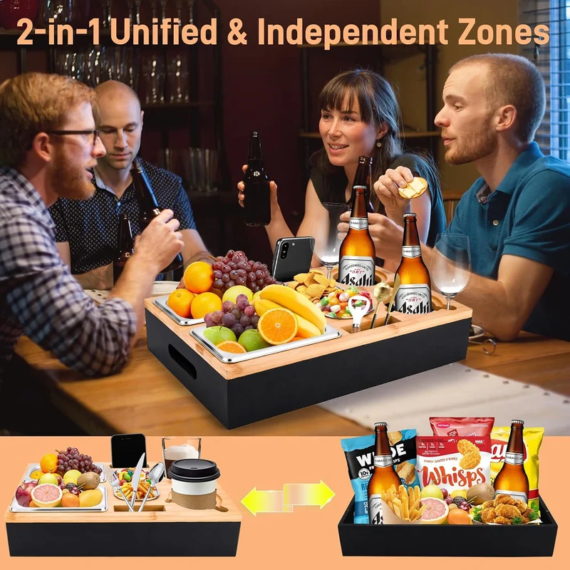 Couchbar Snackbox-Sofatablett Mit 2 Edelstahlschalen & Gewürzschale,Sofa Tablett,Abnehmbarer Magnet-