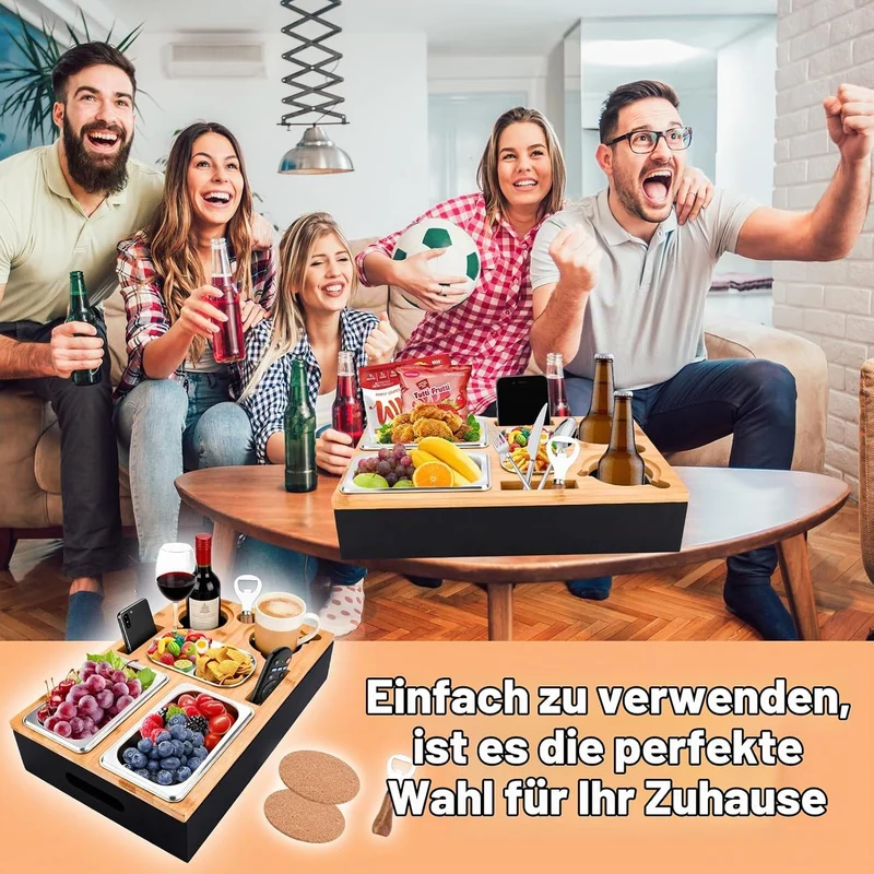 Couchbar Snackbox-Sofatablett Mit 2 Edelstahlschalen & Gewürzschale,Sofa Tablett,Abnehmbarer Magnet-