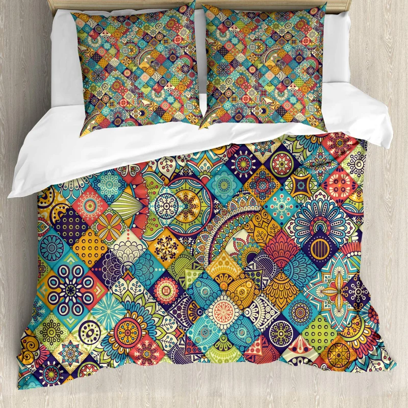 ABAKUHAUS Bohemien Bettwäsche Set für Doppelbetten, Checkered Folk, Weicher Microfaserstoff Allegige