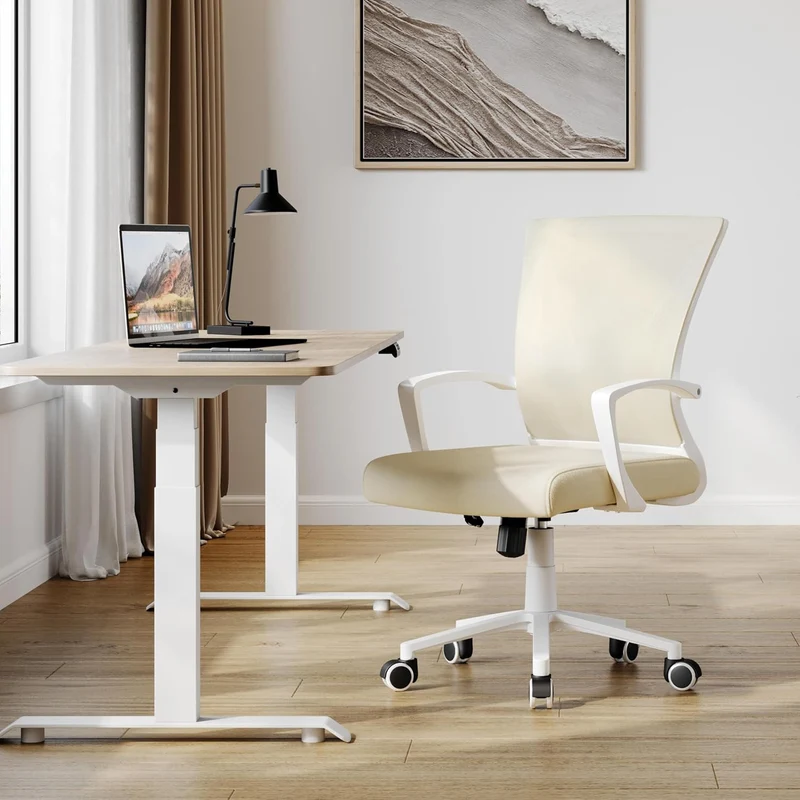Yaheetech Bürostuhl Ergonomisch mit Netzbespannung Atmungsaktiv, Beige Beige Feste Armlehnen, Beige