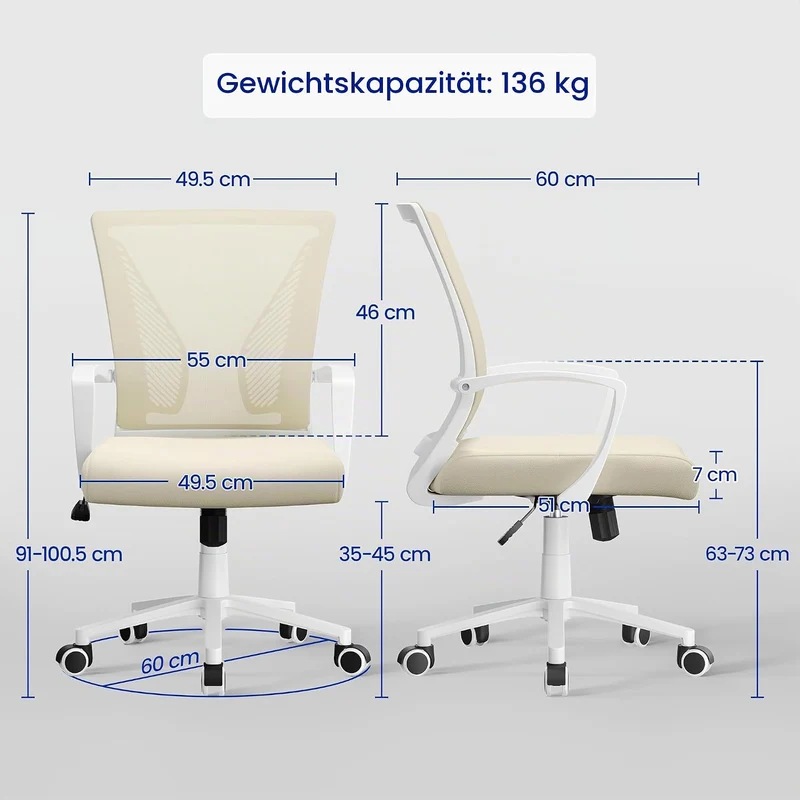 Yaheetech Bürostuhl Ergonomisch mit Netzbespannung Atmungsaktiv, Beige Beige Feste Armlehnen, Beige