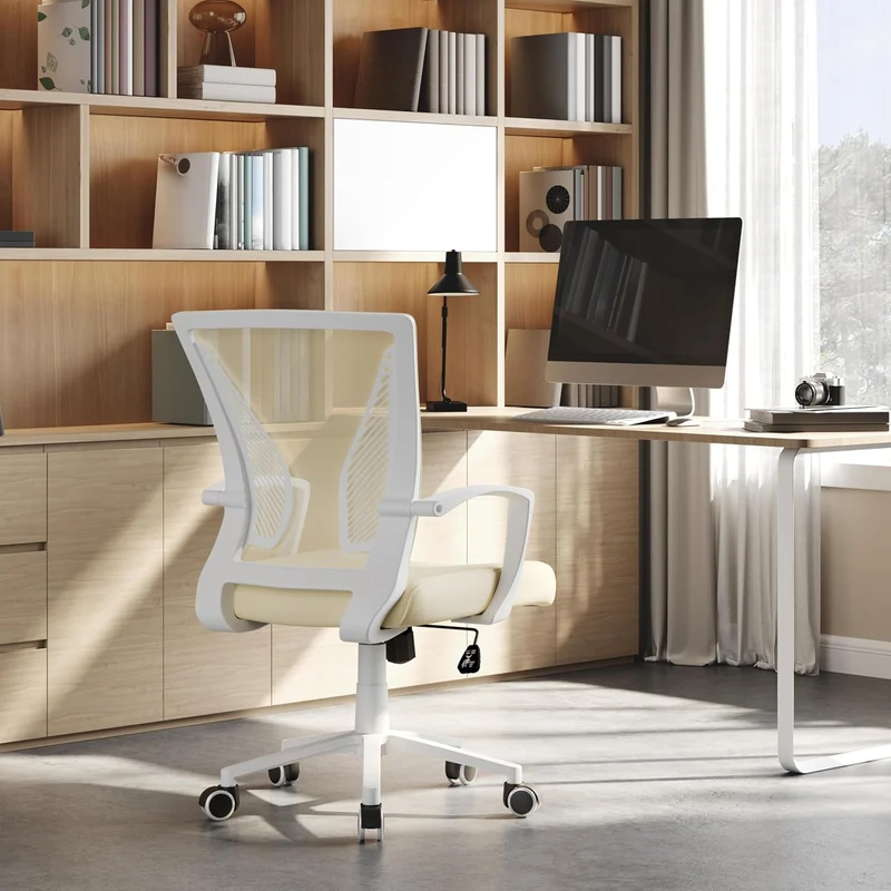 Yaheetech Bürostuhl Ergonomisch mit Netzbespannung Atmungsaktiv, Beige Beige Feste Armlehnen, Beige