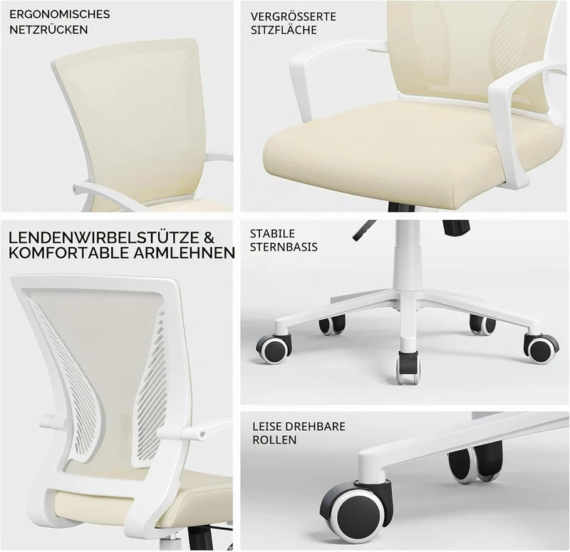 Yaheetech Bürostuhl Ergonomisch mit Netzbespannung Atmungsaktiv, Beige Beige Feste Armlehnen, Beige