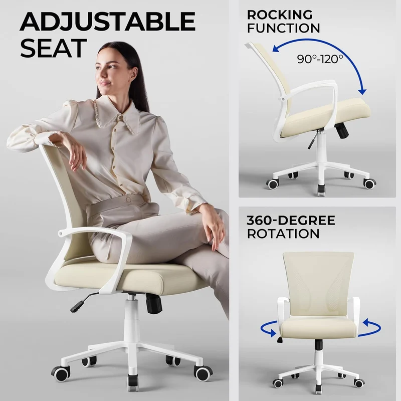Yaheetech Bürostuhl Ergonomisch mit Netzbespannung Atmungsaktiv, Beige Beige Feste Armlehnen, Beige