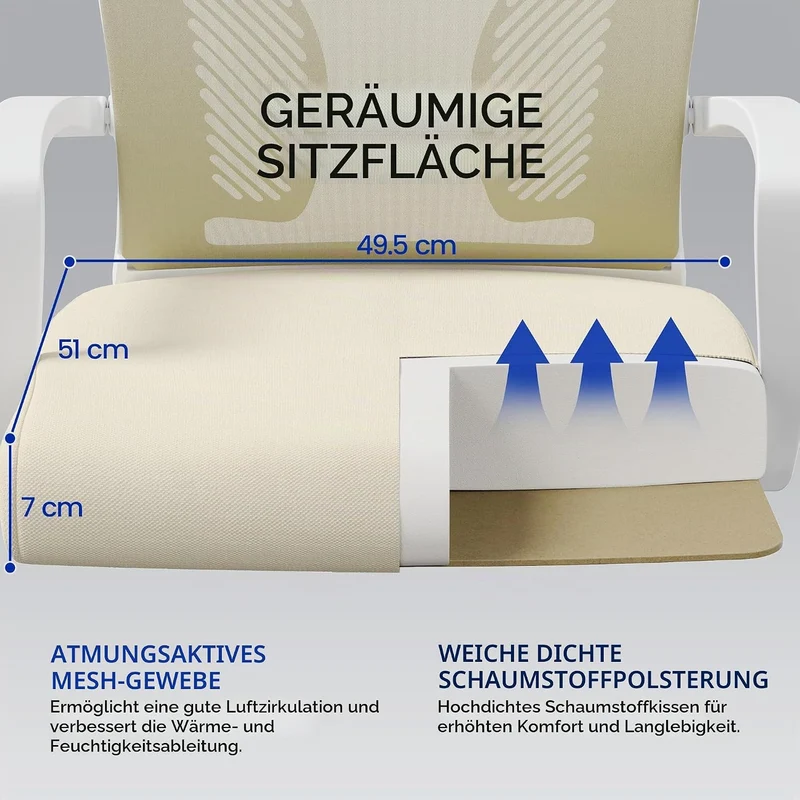 Yaheetech Bürostuhl Ergonomisch mit Netzbespannung Atmungsaktiv, Beige Beige Feste Armlehnen, Beige